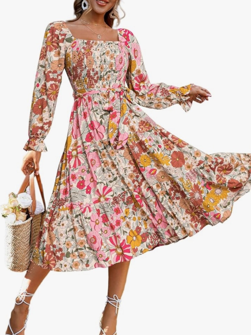 Romantic Cottagecore Smocked Square Neck Midi Dress Flowy Wedding Guest Dress - Picture 11 of 11